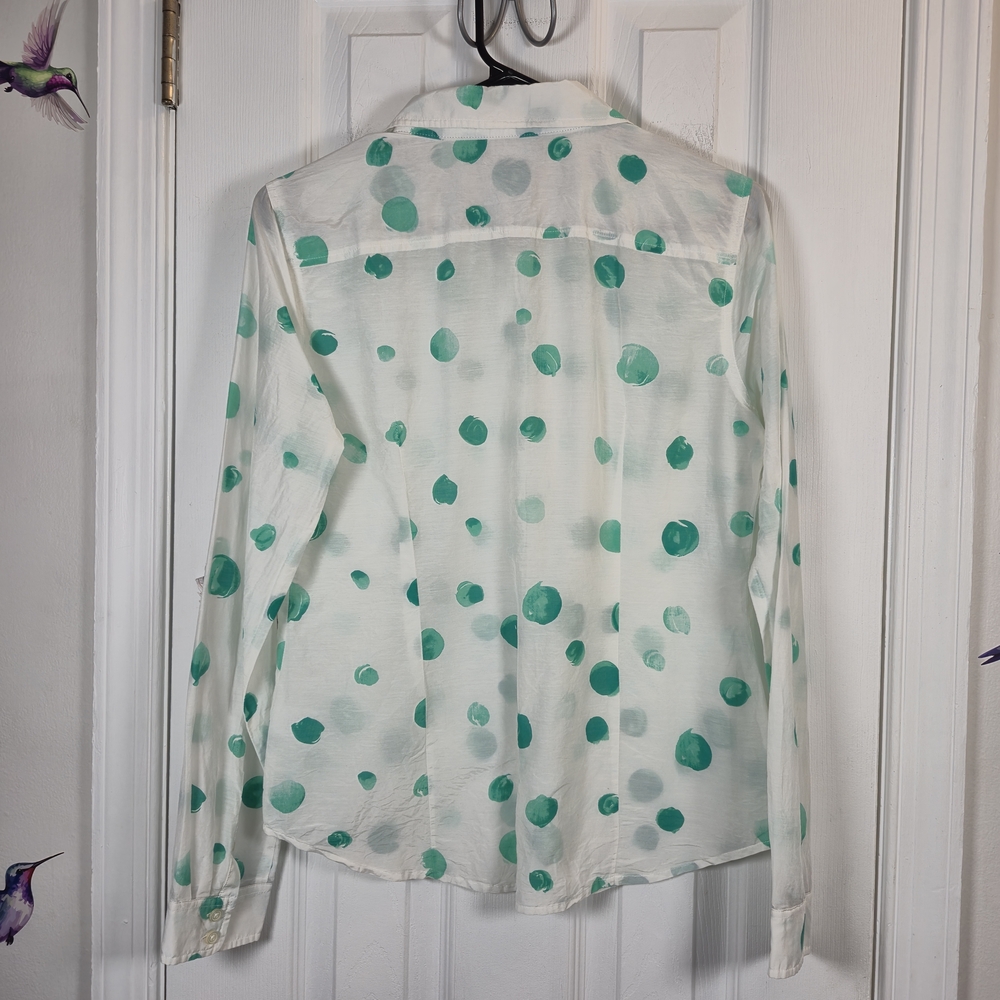 JCP Silk Blend Watercolor Polka Dot Button Down Shirt Teal White Medium - Picture 4 of 7
